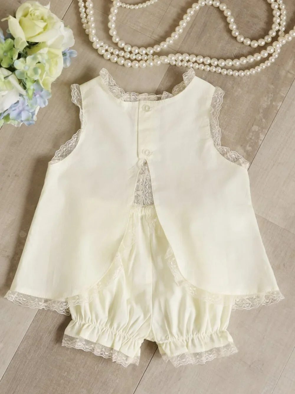 Yellow Cotton Heirloom Diaper Set Ivory Vintage lace Inlays Trapeze Top Fly back